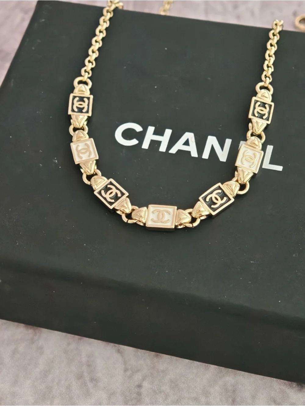 CHANEL Gold and Black Enamel Logo Link Necklace